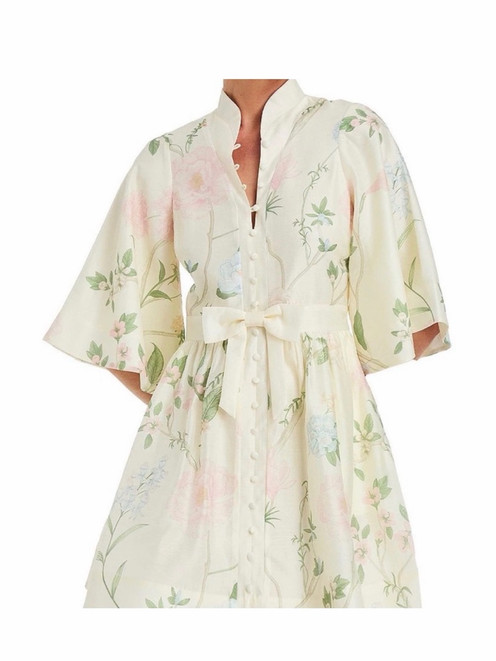 Cream Floral Tie-Waist Mini Dress